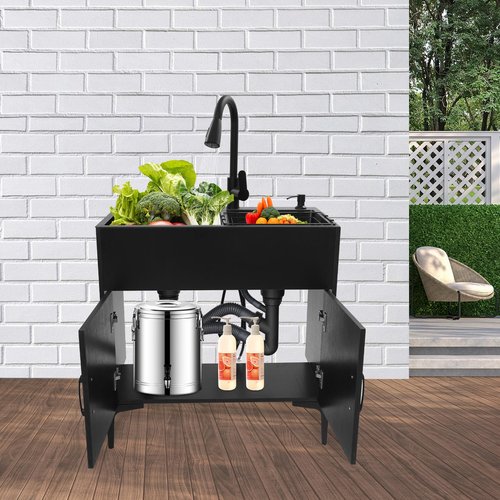 Laundry Sink w/Cabinet &Pull-Out Faucet, Kitchen Sink Cabinet w/Draining Basket, Stainless Steel Double Bowl Utility Sinks, Wash Station Tub for Kitchen Laundry Room(29.5''L*16.1''W*30.7''H) (Black)