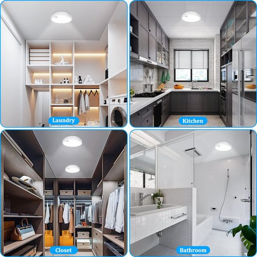 2-Pack Battery Operated Motion Sensor LED Ceiling Light, 7.2inch Flush Mount Light Fixture 6000K, Wireless Motion Activated Ceiling Lamp in 400LM for Closet Pantry Laundry Stair(Battery Not Included)