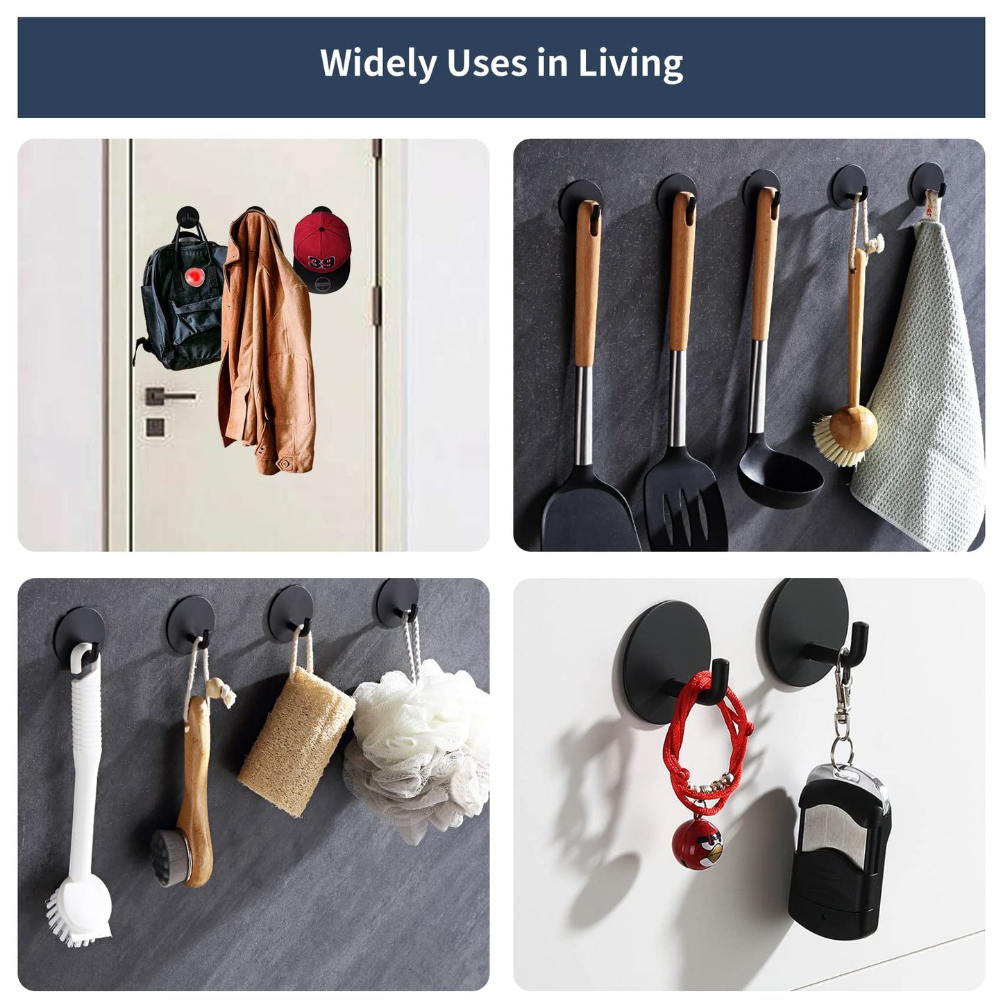 Rise age Adhesive Hooks Heavy Duty Waterproof in Shower Hooks for Hanging Loofah, Towels, Clothes, Robes for Bathroom Removable Adhesive Wall Hooks Door Hook Stainless Steel Black Stick on Hooks 4 Pcs