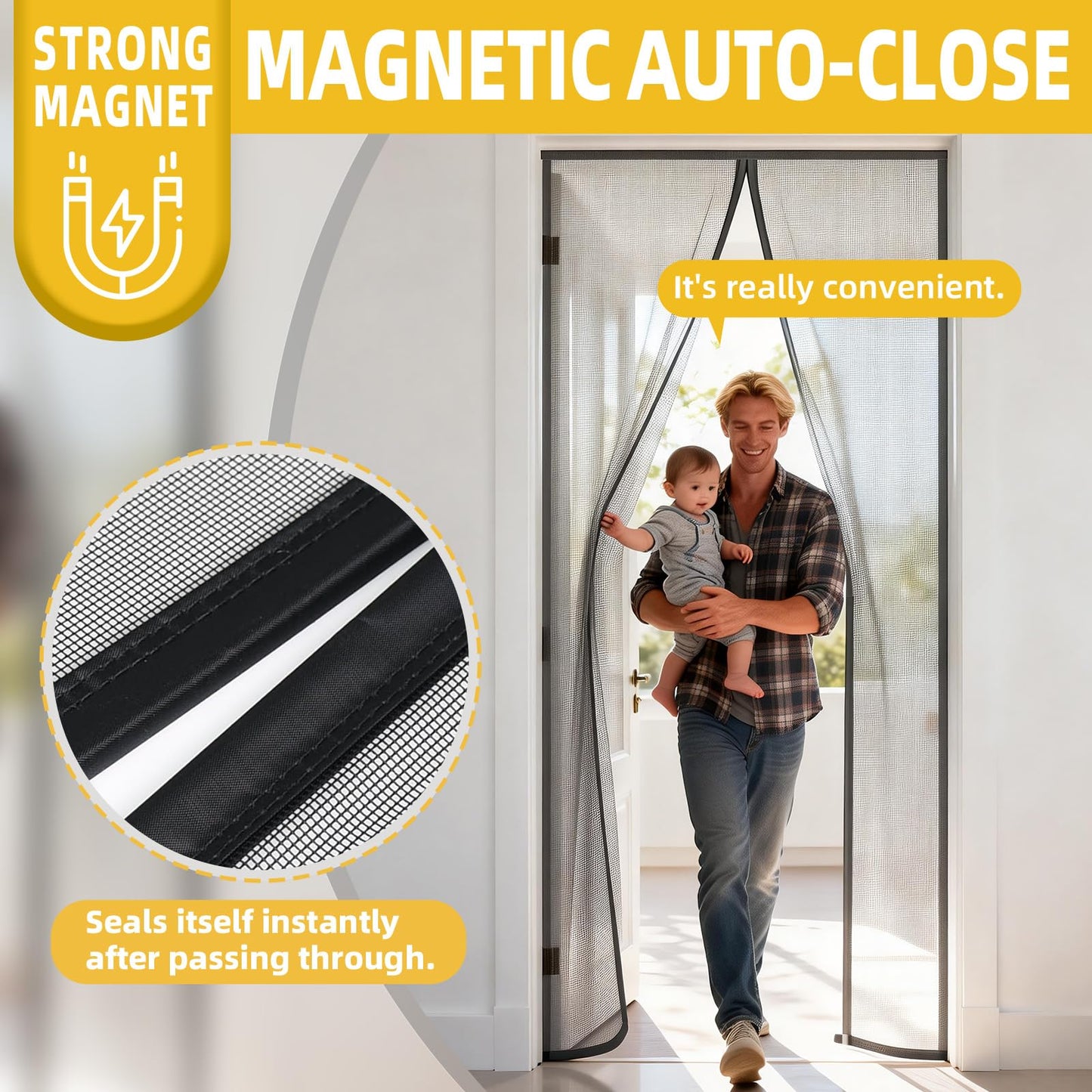 Magnetic Screen Door – 34" x 81" with Strong Magnets, Self Sealing Hands Free Mesh Curtain for Interior Door, Fits 32" x 80" Standard US Door, Keep Bugs Out, Pet and Kid Friendly, Easy Install, Black