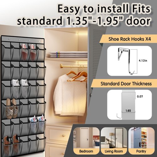 Kotkn Over the Door Shoe Organizer with 30 Breathable Mesh Pockets - Large Capacity Closet Storage for Men & Women, Hanging Shoe Rack Organizer -Gray