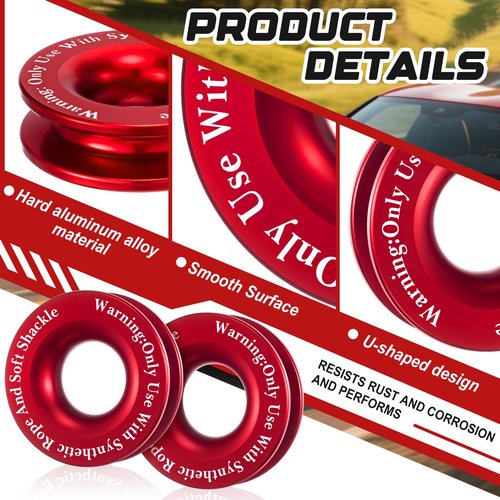 Otoolling 2 Pcs Winch Snatch Recovery Ring Block Pulley 66, 000 Lbs Compatible for SUV UTV ATV Off-Road Vehicle and Truck Pulley Towing Ring for Synthetic Rope and Soft Shackle(Red)
