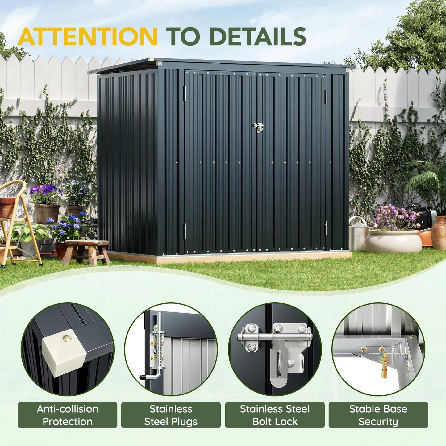 Grovellis Outdoor Trash Can Storage Shed 6x3 FT, Metal Garbage Bin Enclosure with Lift-Up Lid & Gas Strut, Lockable Double Doors, Sloped Roof Waterproof Steel Trash Can Cover for Backyard Patio Garden