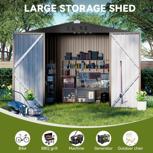 COMHOMA 8x6FT Shed Outdoor Storage Shed Metal,Lockable Doors Tool Sheds with Sloping Roof,Steel Garden Shed with Air Vent for Backyard,Patio,Lawn,Poolside(Brown)