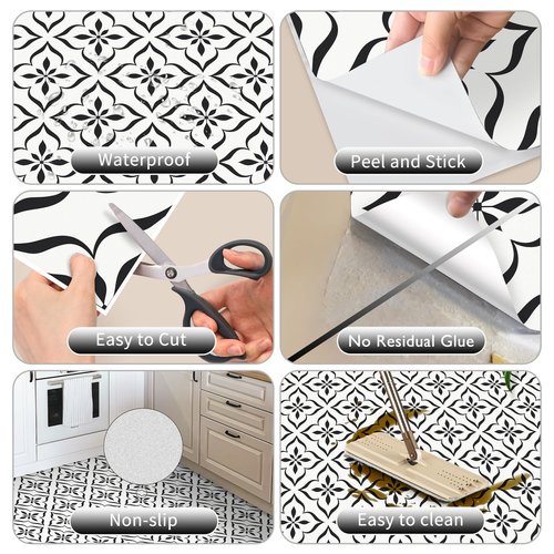 MORCART Peel and Stick Floor Tile - Vinyl Flooring Self Adhesive DIY: Square White+Black Flowers 7.87" x 7.87" 20 PCS, Waterproof and Removable Tile Sticker for Kitchen, Bathroom, Staircase FT-1626