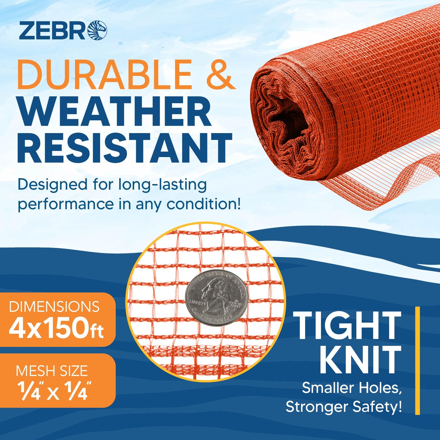 Fire Retardant Debris Safety Netting (4' x 150' - Orange) - High Visibility Construction & Scaffolding & Railing & Elevator Netting for Enhanced Safety - Construction Fencing