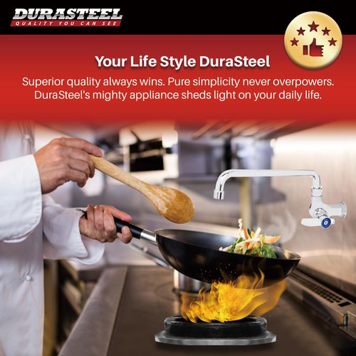 DuraSteel Wall Mounted Commercial Kitchen Wok Range Faucet with 14-Inch Swivel Spout - Single Hole Body & Handle - Brass Constructed & Chrome Polished