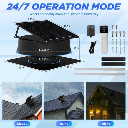 Solar Attic Fan with Thermostat - Solar Roof Vent Fan with 110V Adapter 24/7 Runtime, 1300CFM Solar Powered Attic Exhaust Fans with Remote Up to 1800Sq.Ft, 42W Panel Low Noise for House Roof Mount