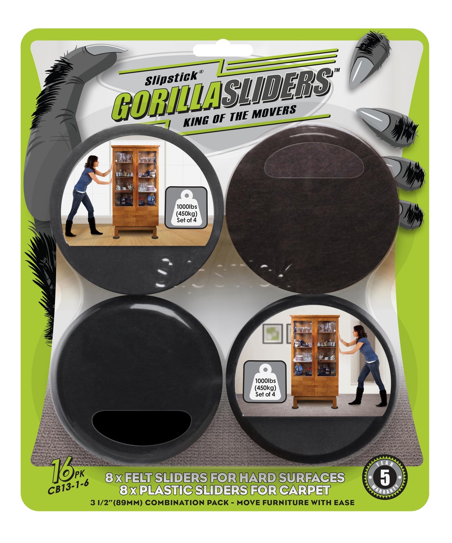 Slipstick GorillaSliders Premium Furniture Sliders for All Floor Surfaces (16 Piece Moving Kit) Reusable 3.5” Round Furniture Movers for Sliding Furniture on Hardwood & Carpet, Black, CB13-1-16