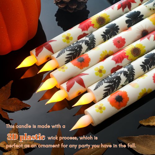 6PCS Flameless LED Taper Candles - Fall Maple Leaf Decor, Fall Decorative Candles with Wax Coating and Autumn Floral Prints Perfect for Table, Party, Banquet, Batteries Required (Not Included)