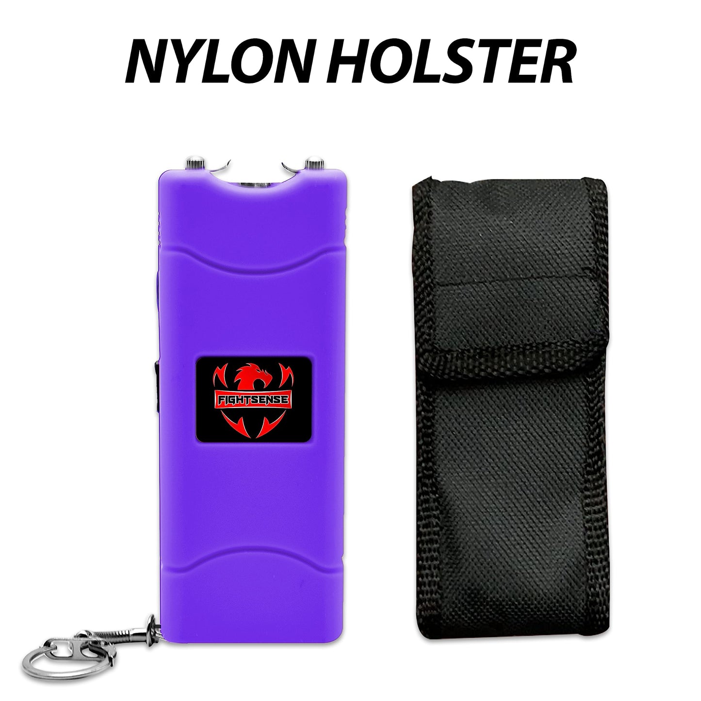 FIGHTSENSE Super Heavy Duty Keychain Stun Gun with Flashlight for Men and Women self Defense Device, Rechargeable Stun Gun, Nylon Holsters (Purple)