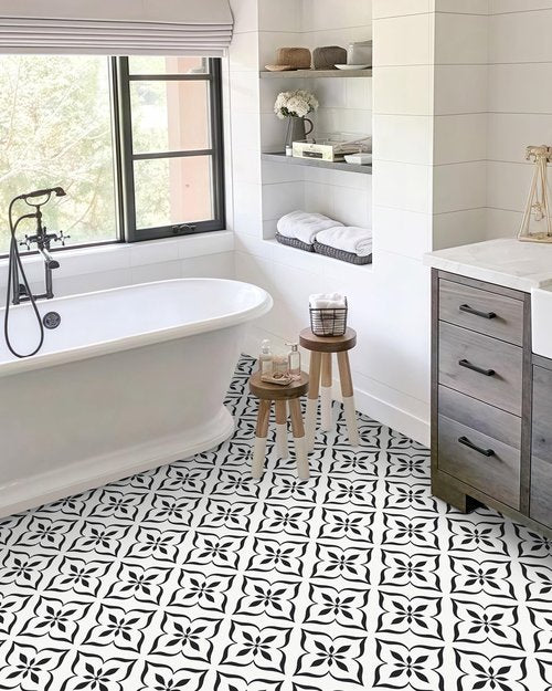 MORCART Peel and Stick Floor Tile - Vinyl Flooring Self Adhesive DIY: Square White+Black Flowers 7.87" x 7.87" 20 PCS, Waterproof and Removable Tile Sticker for Kitchen, Bathroom, Staircase FT-1626
