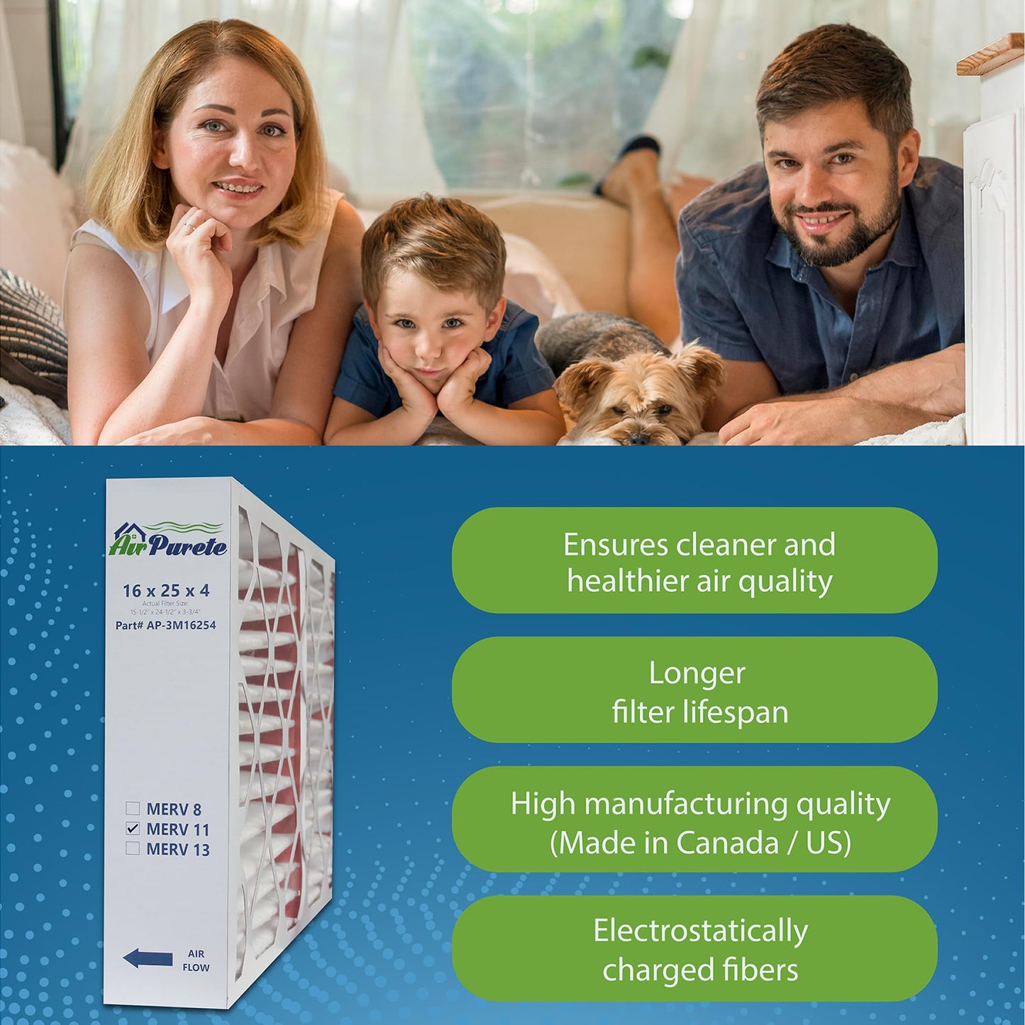 AirPurete 16x25x4 MERV 11 Air Filter, Pack of 2, Actual Size (15.50 x 24.50 x 3.75), Pleated HVAC Furnace Filter, Fits Lennox, Carrier, Bryant, Payne & Honeywell Devices