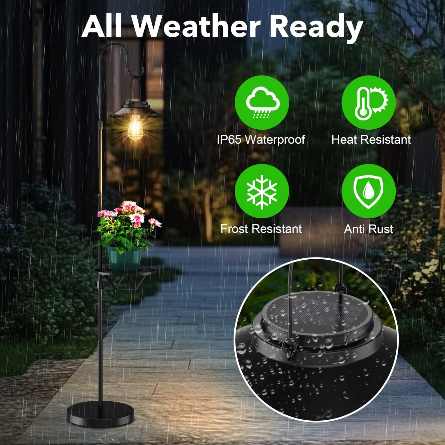 XPSCOCO 60" Solar Light with Plant Stands, Outdoor Floor Lamp, Waterproof Metal Hanging Solar Lantern for Patio Deck Porch Yard Garden Decor