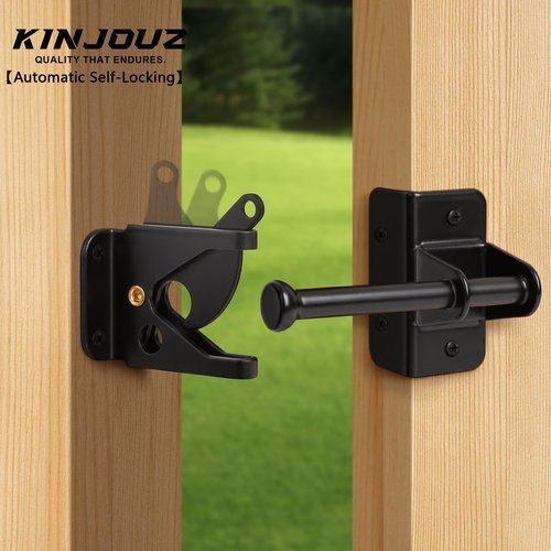 KINJOUZ Self Locking Gate Latch for Wooden Fence, Heavy Duty Automatic Gravity Fence Latch for Wood Metal Gate, Gate Hardware Door Lock for Outdoor Pool Garden Shed, Black, 1Pack