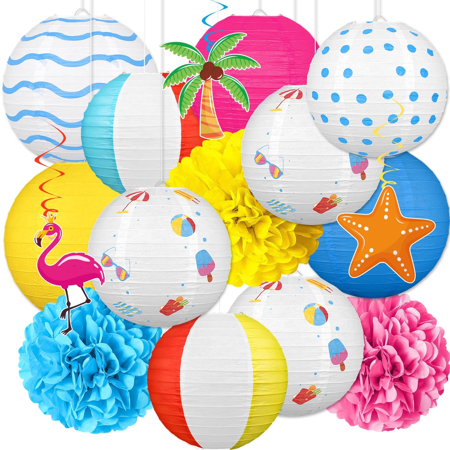 16Pcs Summer Party Decorations Paper Lanterns Pom Poms Hanging Swirls - Beach Pool Luau Hawaiian Tropical Hanging Decor for Home Birthday Outdoor Indoor