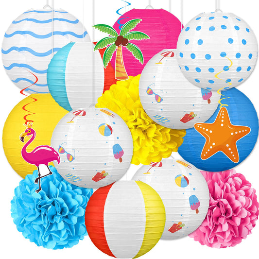 16Pcs Summer Party Decorations Paper Lanterns Pom Poms Hanging Swirls - Beach Pool Luau Hawaiian Tropical Hanging Decor for Home Birthday Outdoor Indoor
