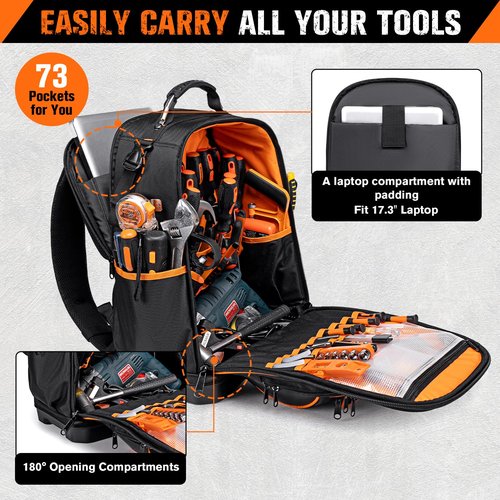 73 Pockets Tool Backpack Heavy Duty for Men Women, Hvac Tool Backpack, Tool Bag Backpack with Laptop Compartment, Waterproof Molded Base, 1680D, Durable Multi-Use Pocket for Electrician Construction