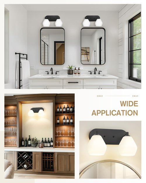 Emak Modern 2-Light Bathroom Vanity Light, Black Bathroom Light Fixtures with Milk Glass Shade, Farmhouse Vanity Lights for Mirror, Bath, VL129-BK-ML-2