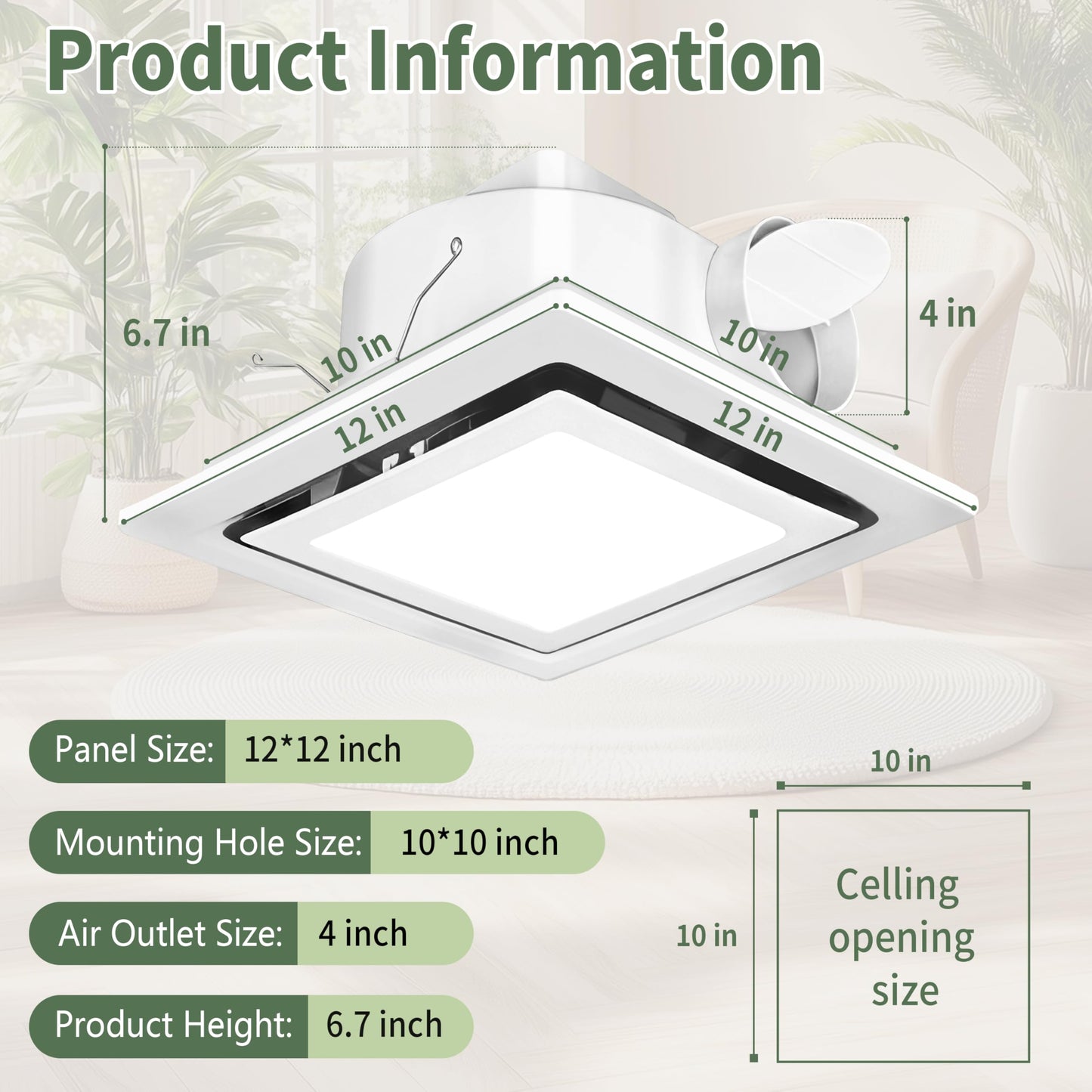 Orvexa Bathroom Exhaust Fan with Light, 140 CFM 1.0 Sone Quiet Bathroom Fan with Light, 12" x 12" Panel, 10" x 10" Ceiling Opening, 4" Duct, 6500K 1200LM LED, Independent Fan & Light Controls