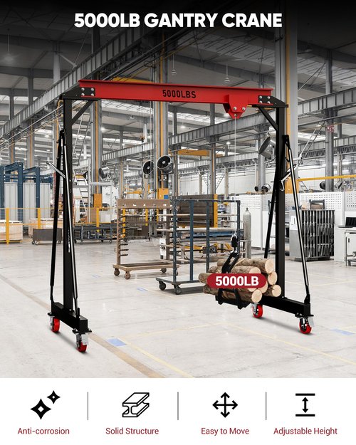 Dkenicor 3 Ton 6600Lb Gantry Crane, 9.06FT Maximum Width, 8.53-12.47ft Adjustable Height, Portable Shop Lift Hoist with 2 Ton Manual Trolley, Red