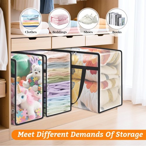 BlissTotes 4 Pack Clear Clothes Storage Bags, Under Bed Storage Containers, Foldable Blanket Storage Moving Bags with Sturdy Zipper and Handle for Clothing, Comforter, Bedding, Sheet (40L)
