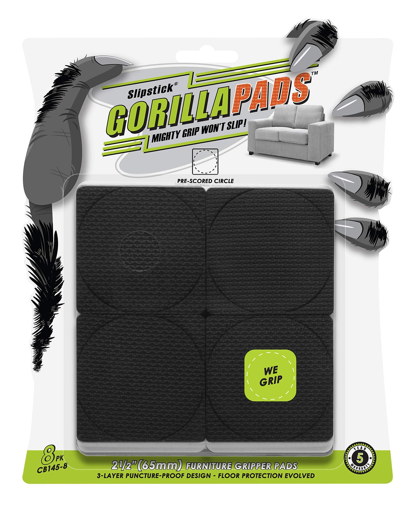 GorillaPads Non-Slip Furniture Pads/Grippers, Rubber Floor Protectors for Under Furniture, Black (2.5" Pre-Scored)