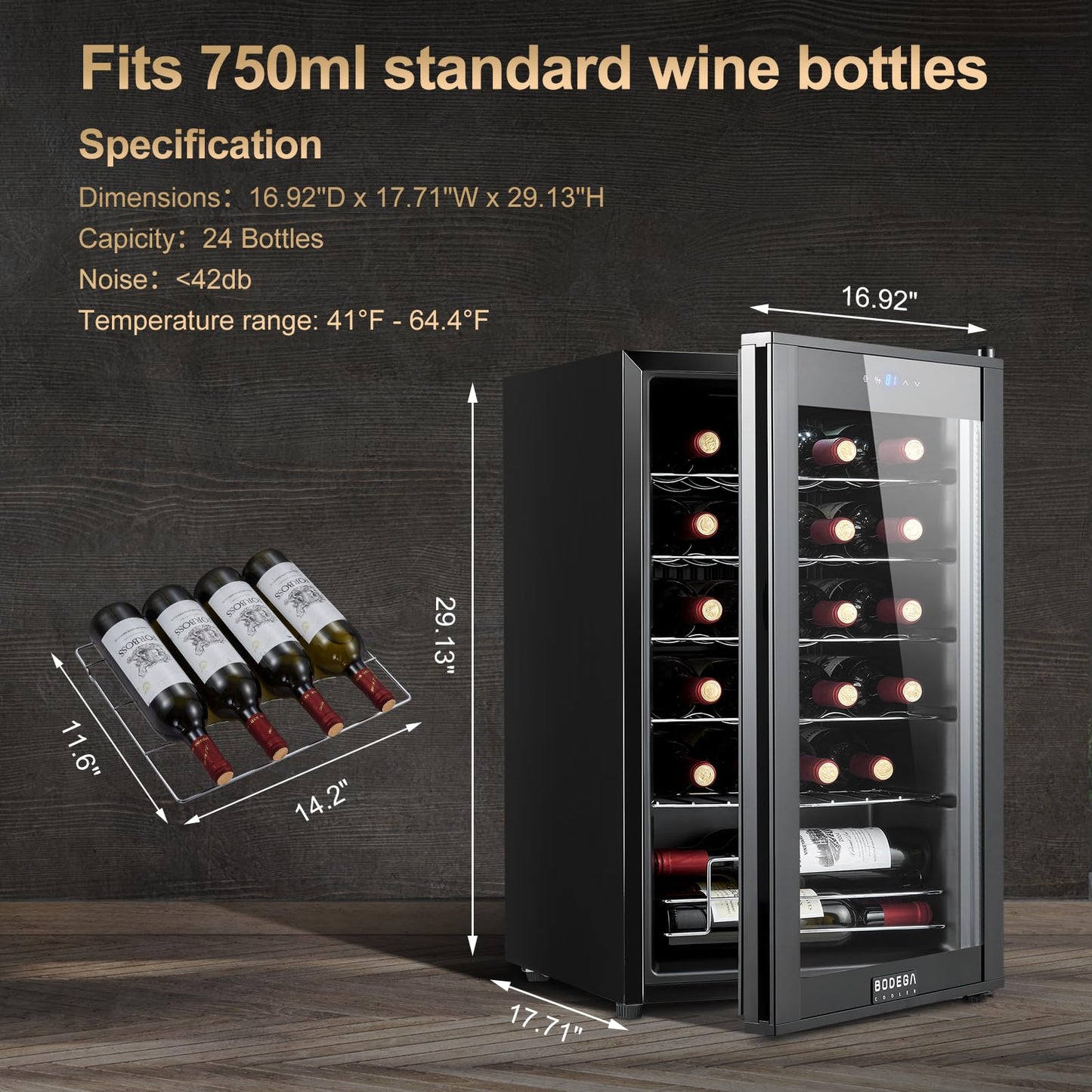 BODEGACOOLER 24 Bottle Mini Fridge for Bedroom, Compressor Wine Cooler Refrigerator for Home and Kitchen, Wine Cooler with Digital Temperature Control & Double-layer Glass Door for Wine, Champagne.