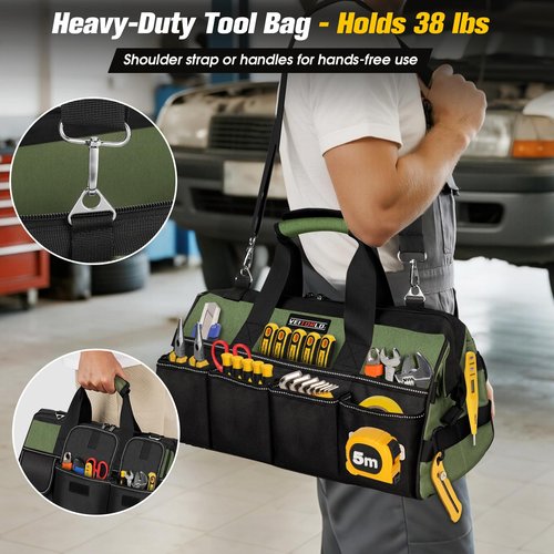 Heavy Duty Tool Bag 15-Inch - 21 Pockets Tool Organizer, Portable Electrician Toolbox W/Soft Handle & Zipper for Mechanic Plumber Carpenter, Gifts for Men Dad Husband Him, Wide Mouth Tool Storage Bag