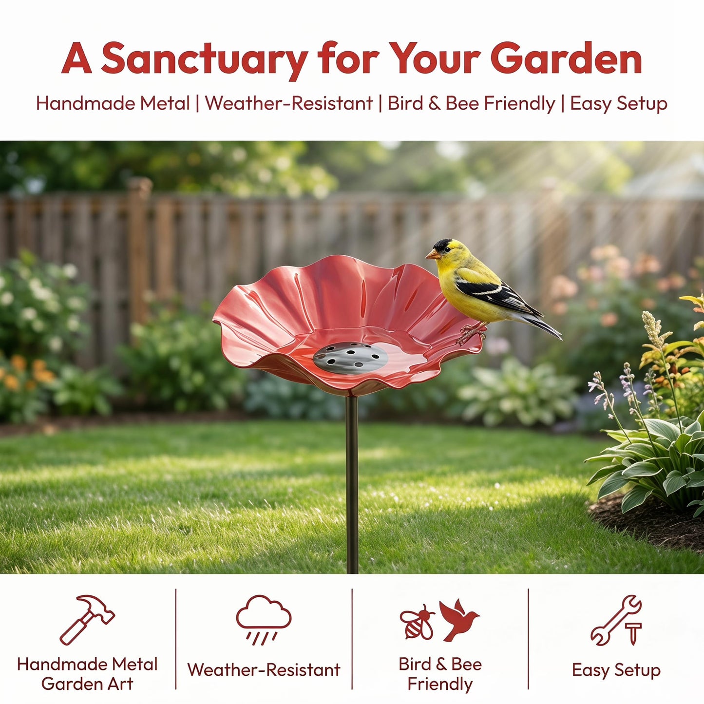 2026 Metal Flower Bird Bath, Bird Feeder & Bee Watering Station, Handmade Metal Flower Stand, Unique Garden Decor for Outdoor Yard. (Blue, 6 inches in Diameter)