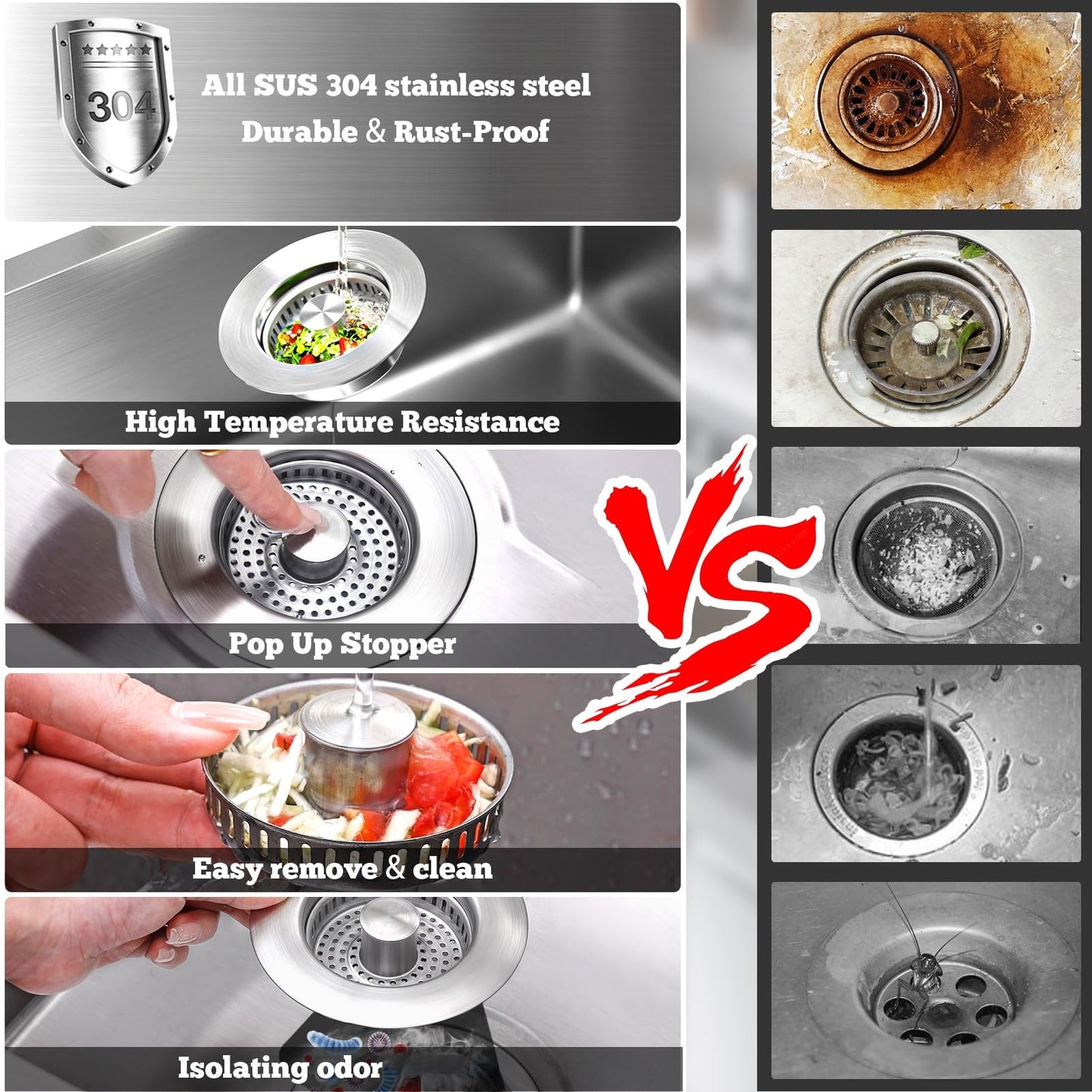Upgraded 3 in 1 Kitchen Sink Drain Strainer Stopper, Brushed Stainless Steel SUS 304 Pop Up Sink Drain Stopper for Standard 3-1/2 Inch Drain Anti-Clogging Odor Prevention
