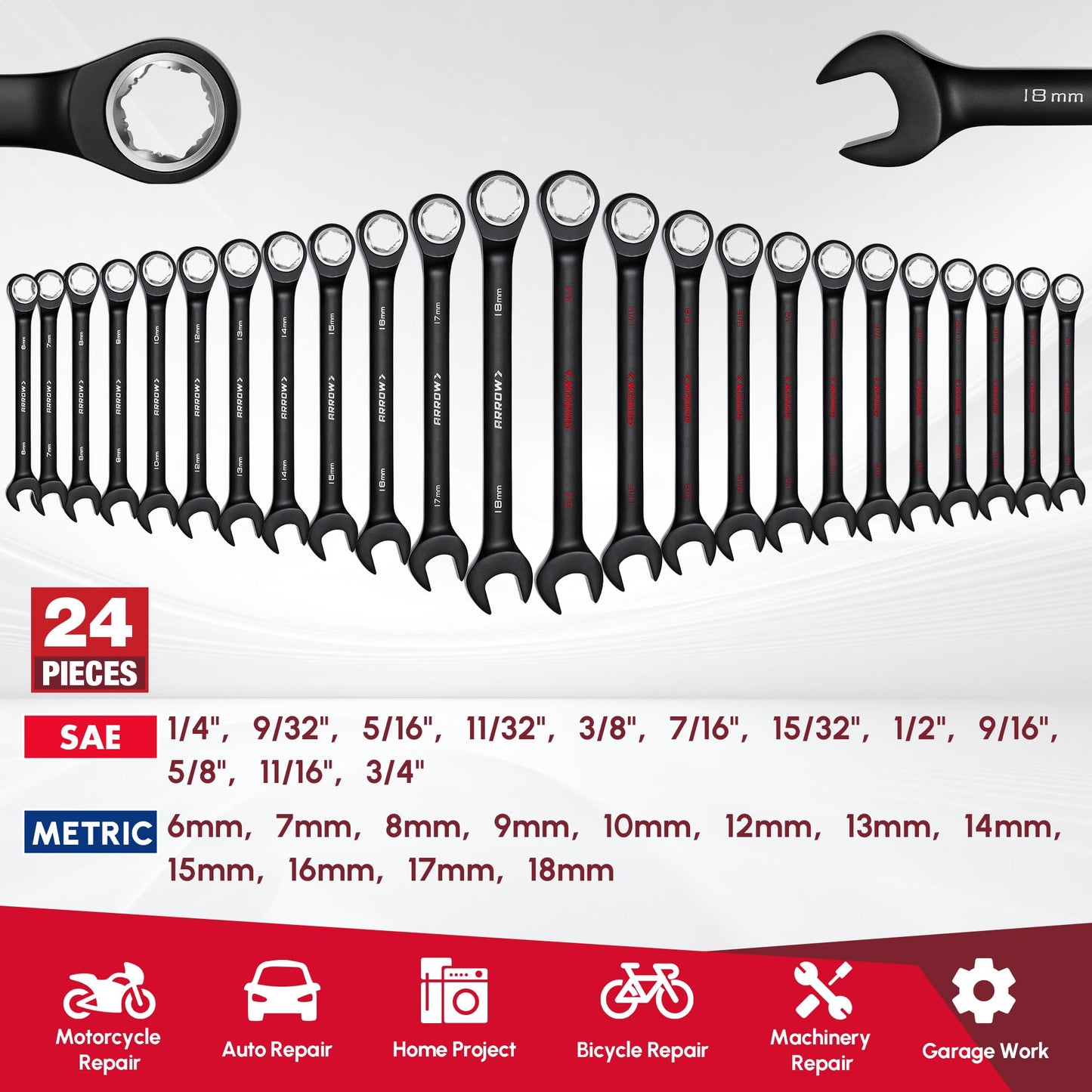 ARROW 24PCS Ratcheting Wrench Set Metric and Standard, Anti-Slip 6-18mm & 1/4"-3/4" Combination Ratchet Wrench Set with 2 Magnetic Tool Holders, CRV Material, 72-Teeth, Easy to Carry & Store