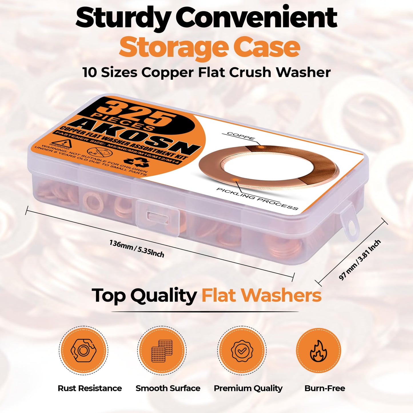 325 PCS, 10 Sizes, Premium Copper Metric Sealing Crush Washers Assortment Kit, Upgraded Flat Ring Oil Drain Plug Crush Washer Gasket Seal Assortment Set, Banjo Bolt Washer for Automotive, Motorcycles