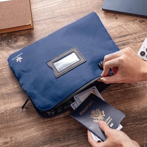 KOSMCCO Money Bag with Lock and Key, 11.8x8.6 Inch Heavy Duty Bank Deposit Bag, Secure Cash Pouch for Valuables, Durable Travel & Business Storage - Navy Blue