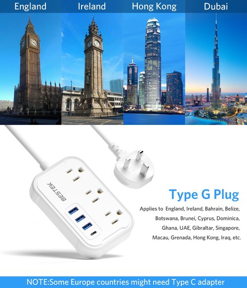 BESTEK US to UK Travel Plug Adapter: Type G Adapter with 3 AC Outlets and 4 USB (1 PD20W) - Power Strip for USA, UK, Ireland, Scotland, Hong Kong, British, London - 2.6ft