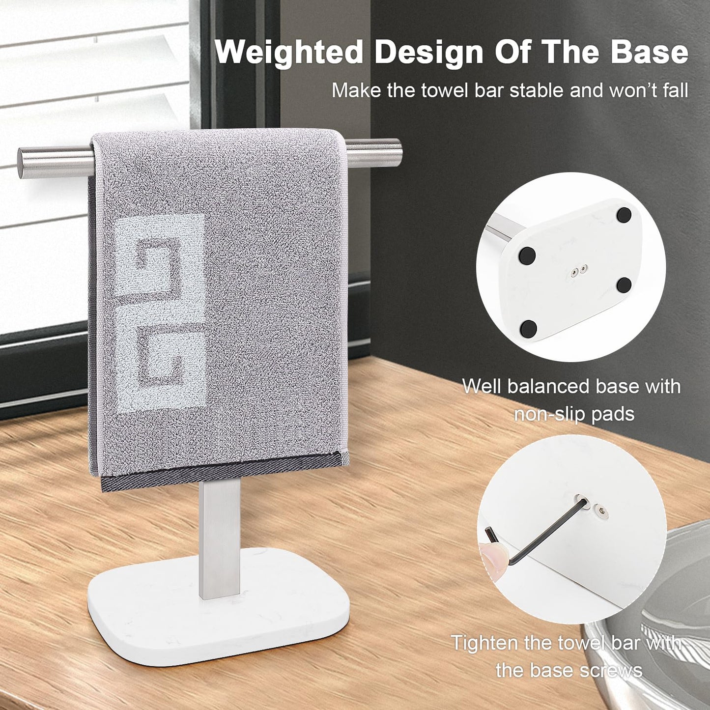 NearMoon T-Shape Hand Towel Holder-Bath Towel Rack-Standing with Balanced Base Towel Bar for Bathroom Kitchen Vanity Countertop, Modern Stand Towel Ring with Marble Base (14 Inch, Brushed Nickel)