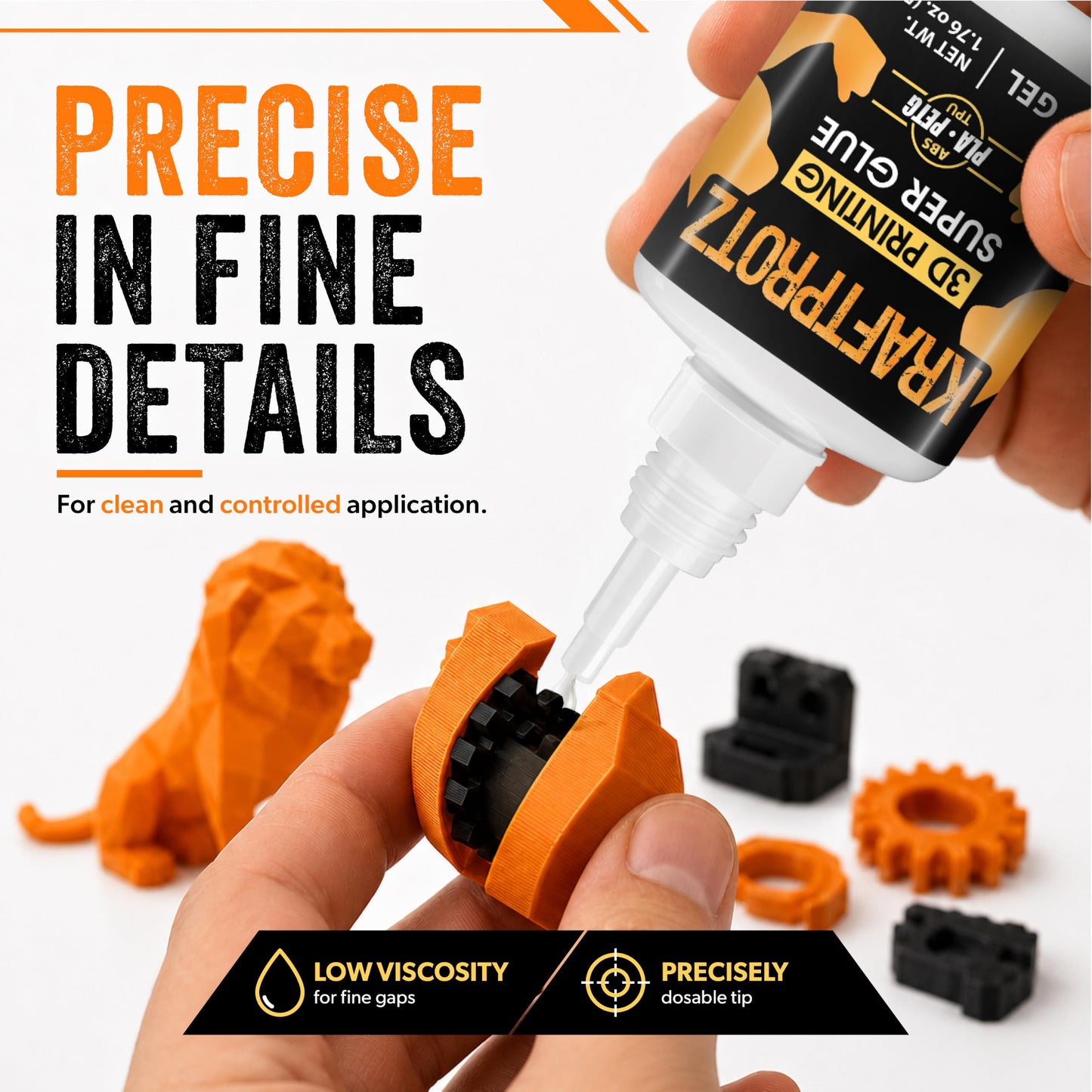 3D Printer Superglue Gel for PLA, ABS, PETG, TPU & Nylon – 1.76 oz XXL – No-Drip, Extra Strong & Waterproof – Precision Tip for Repairs, Supports & Vertical Surfaces