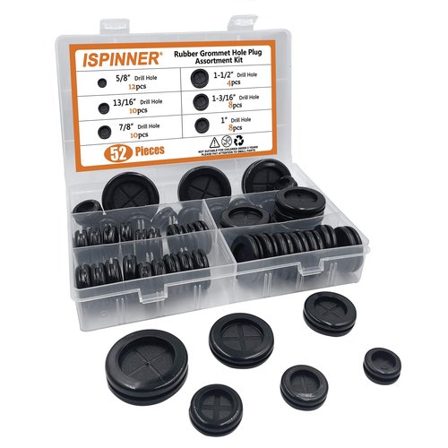 ISPINNER 52pcs 6 Sizes Rubber Grommet, Double Sided Round Rubber Hole Plug, Drill Hole 5/8" 13/16" 7/8" 1" 1-3/16" 1-1/2" (Black)