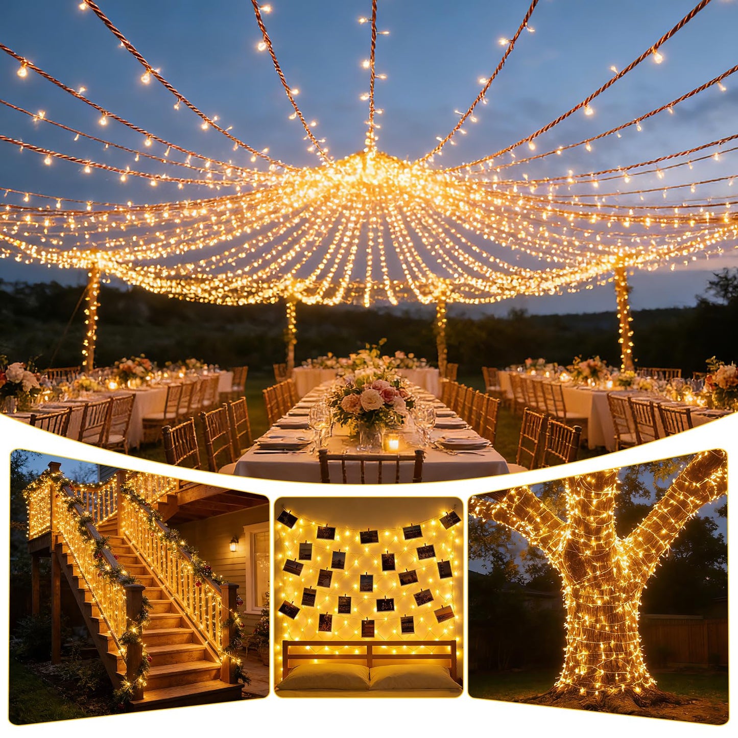 Solar String Lights Outdoor Waterproof 2 Pack Total 66ft 200LED 8 Modes Twinkle Lights Solar Fairy Lights for Patio, Garden Yard Party Wedding Tree Christmas Halloween Decoration, Warm White
