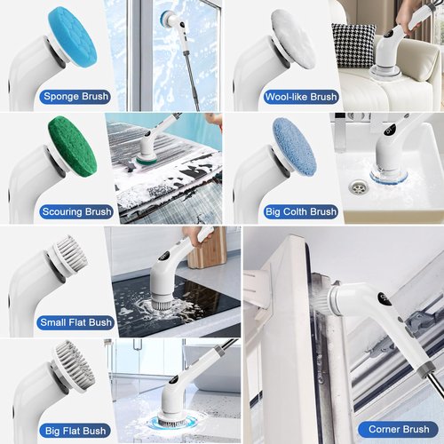 Qimedo Handheld Spin Scrubber with 40In Extended Long Handle, Rechargeable Electric Shower Scrubber for Cleaning, Cordless Power Dish Scrubber with 7 Brushes for Bathtub Grout Tile Floor
