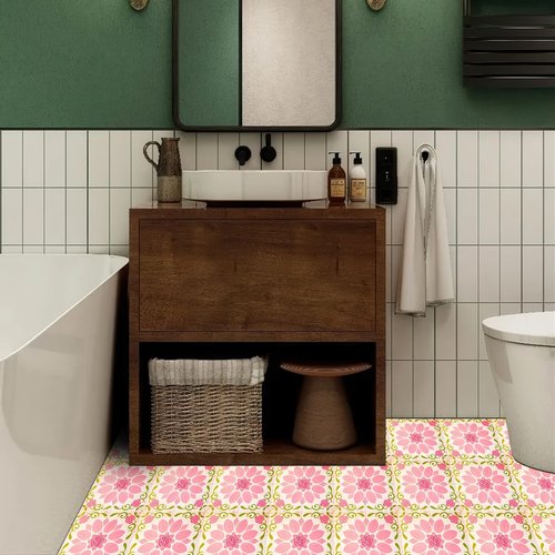 HOMETITUTE 10PCS 12x12 Inch Pink Rose Floral Peel and Stick Floor Tiles Removable Self Adhesive Vinyl Flooring Stickers for Bathroom Bedroom Kids Room Home Decor