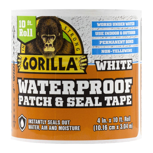 Gorilla Waterproof Patch & Seal Tape, White Tape, 4" x 10' (Pack of 1) - Permanent Weather Resistant Seal for Leaks and Repairs