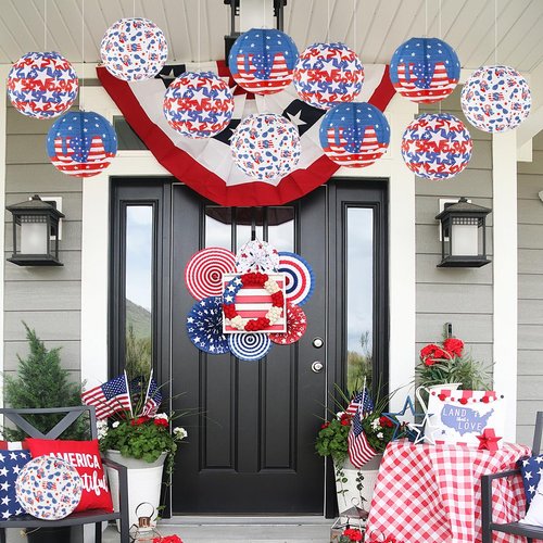 zilue 4th of July Decorations Red White and Blue Hanging Paper Lanterns for Patriotic Decorations American Independence Day Memorial Day Party Supplies Pack of 12