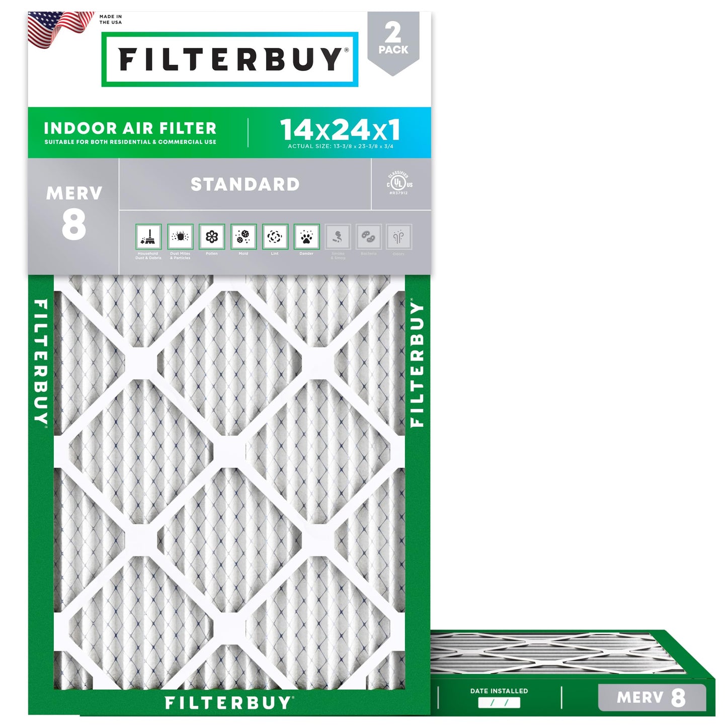 Filterbuy 14x24x1 Air Filter MERV 8 Essential Dust & Allergy Defense (2-Pack), Electrostatic Pleated HVAC AC Furnace Filters Replacement, Made in USA (Actual Size: 13.38 x 23.38 x 0.75)