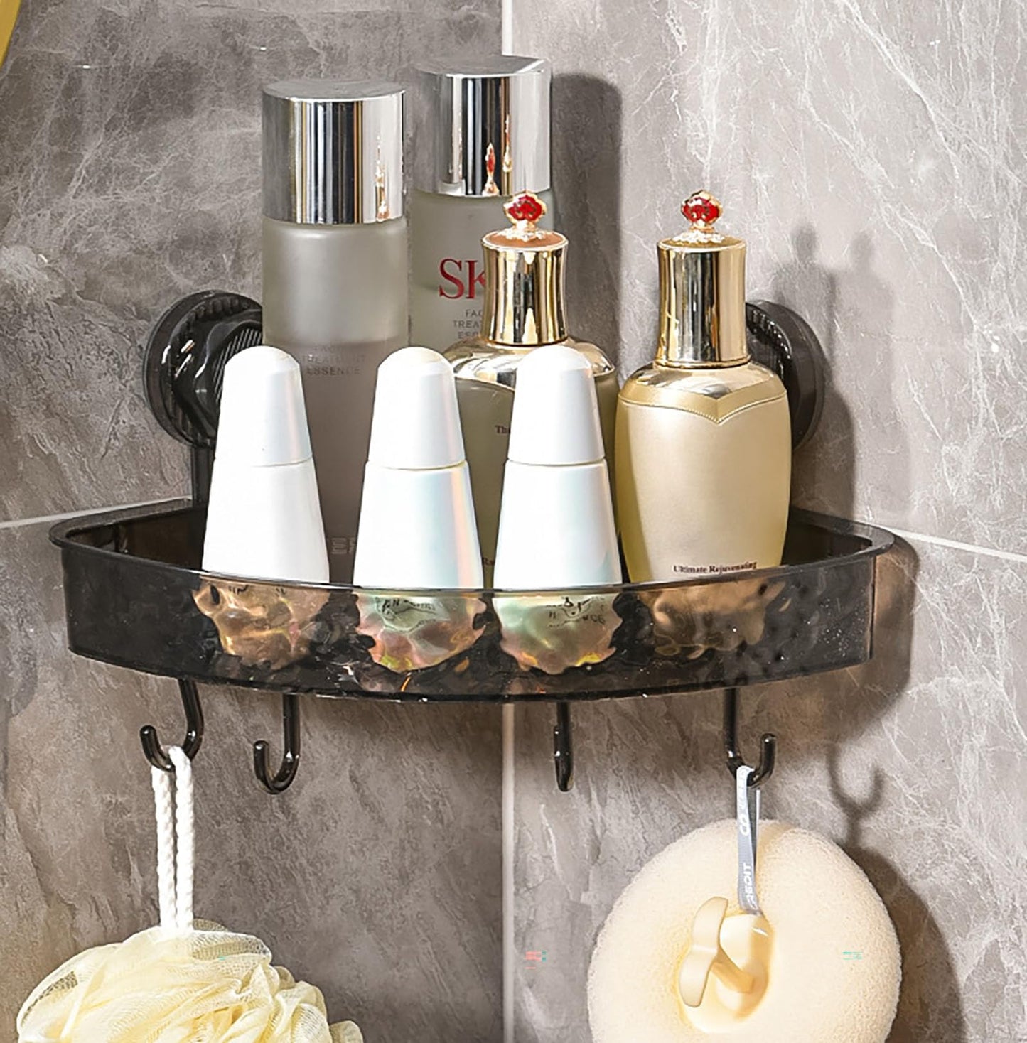 YIKANGHENG Suction Storage Rack, 9 Inch Black Plastic Bathroom Corner Removable Toiletry Storage Rack for Kitchen and Bathroom (Black)