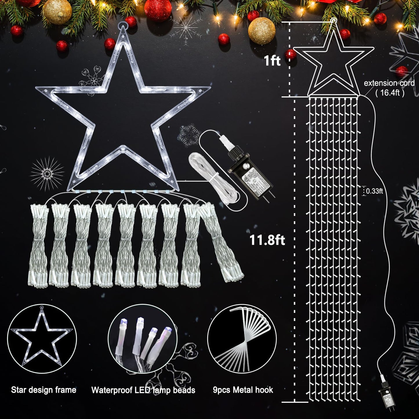 Nielfoi 12FT 344 LED Christmas Tree Lights, Plug in Waterfall String Lights with Topper Star, Waterproof 8 Modes Outdoor Christmas Decorations for Indoor Patio Yard Lawn Party, Warm White