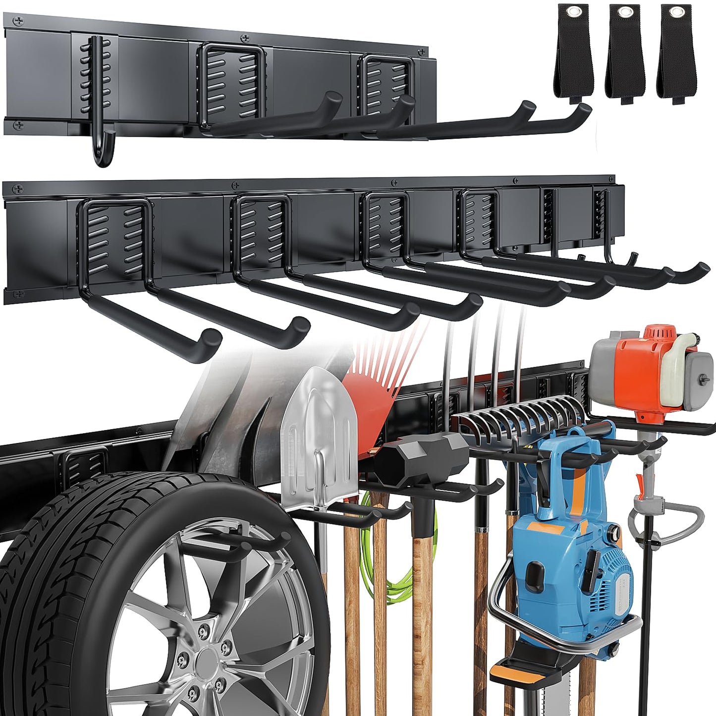 Volitaous 48Inch Garage Garden Tool Organizer Wall Mount, Heavy Duty Garage Tool Storage Rack, Adjustable Mix 9PC Metal Hooks, Rake Hangers Yard Tool Organizer Rack, Max 300Lbs