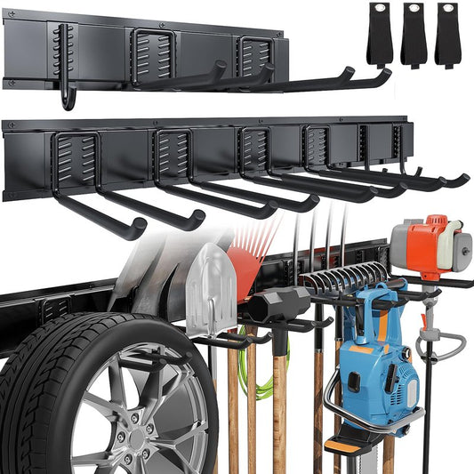 Volitaous 48Inch Garage Garden Tool Organizer Wall Mount, Heavy Duty Garage Tool Storage Rack, Adjustable Mix 9PC Metal Hooks, Rake Hangers Yard Tool Organizer Rack, Max 300Lbs