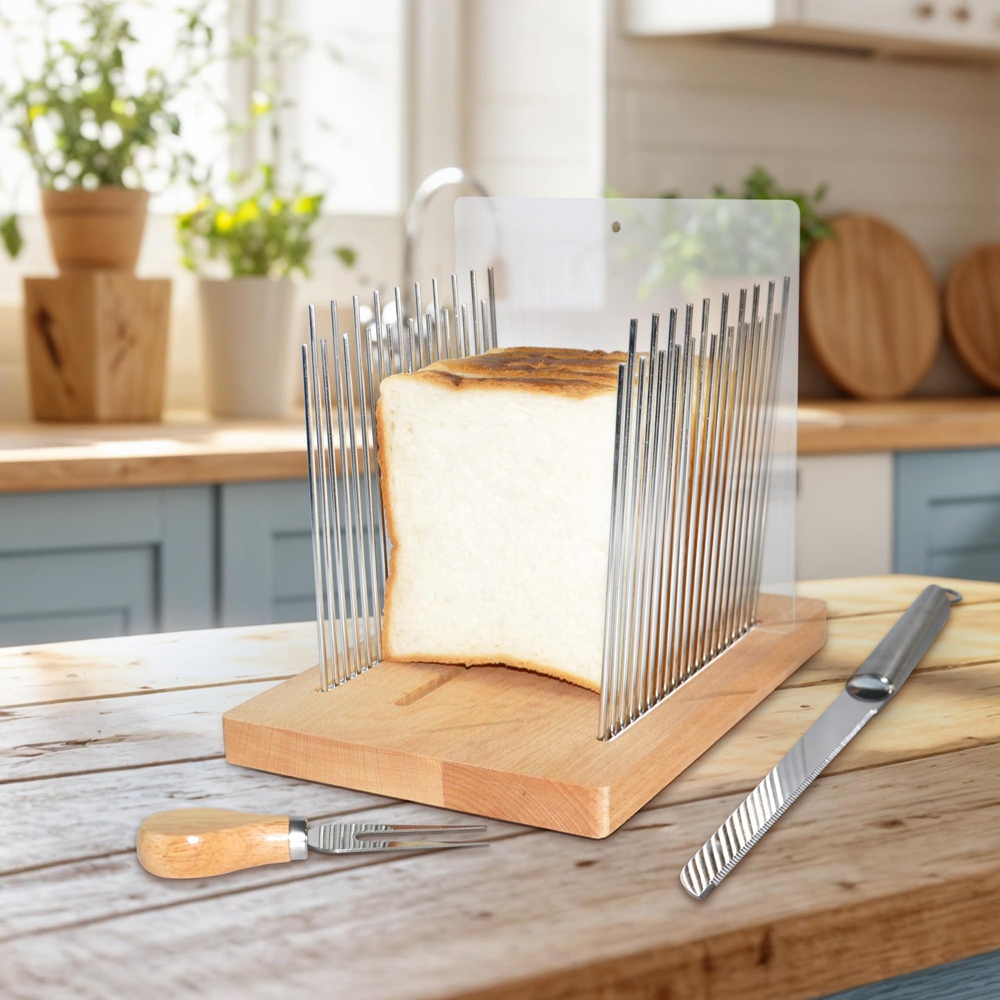Bread Slicer for Homemade Bread - Bamboo Bread Slicer with Bread Knife, Foldable Cutting Guide, Crumb Tray, Bagels - Bread Cutter Ideal for Loaf Size: 5.5” x 5”