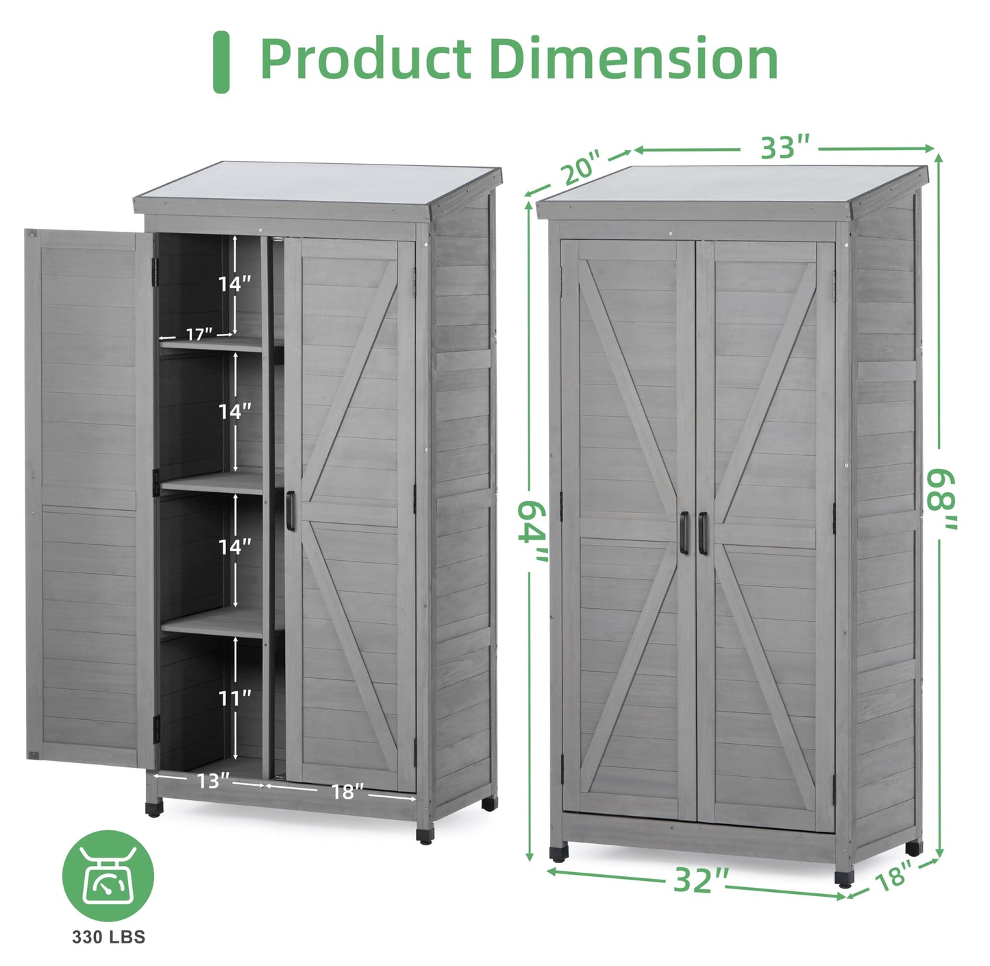 68''x33''x20'' Outdoor Wooden Storage Shed with Metal Top Tall Vertical Tool Cabinet for Backyard Garden Patio Lawn (Grey)